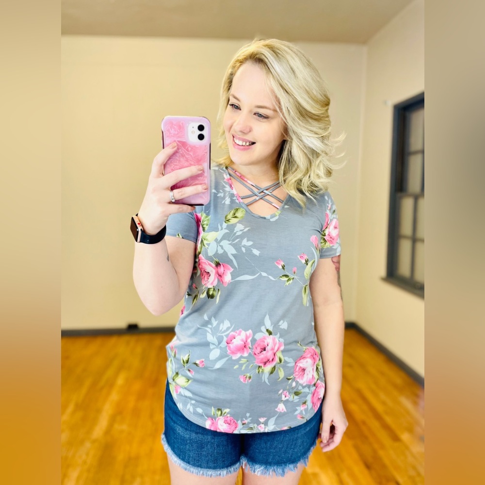 Grey Floral Crisscross Top